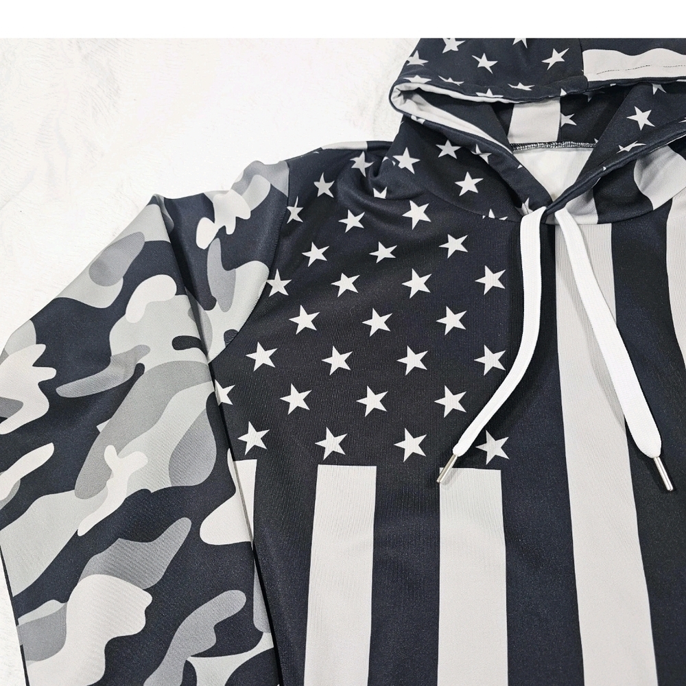 Camo American Flag Patriotic Hoodie Pocket USA Gray Black 4th Of July Mens L/XL - Picture 2 of 7